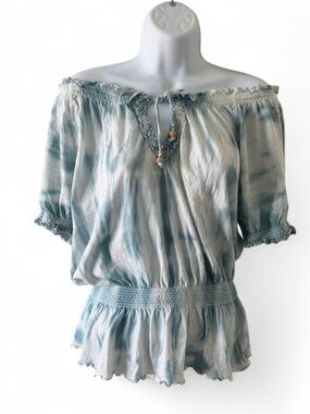 Guess 100% Cotton Light Blue Tie-Dye Off-Shoulder Peasant Top with Beads